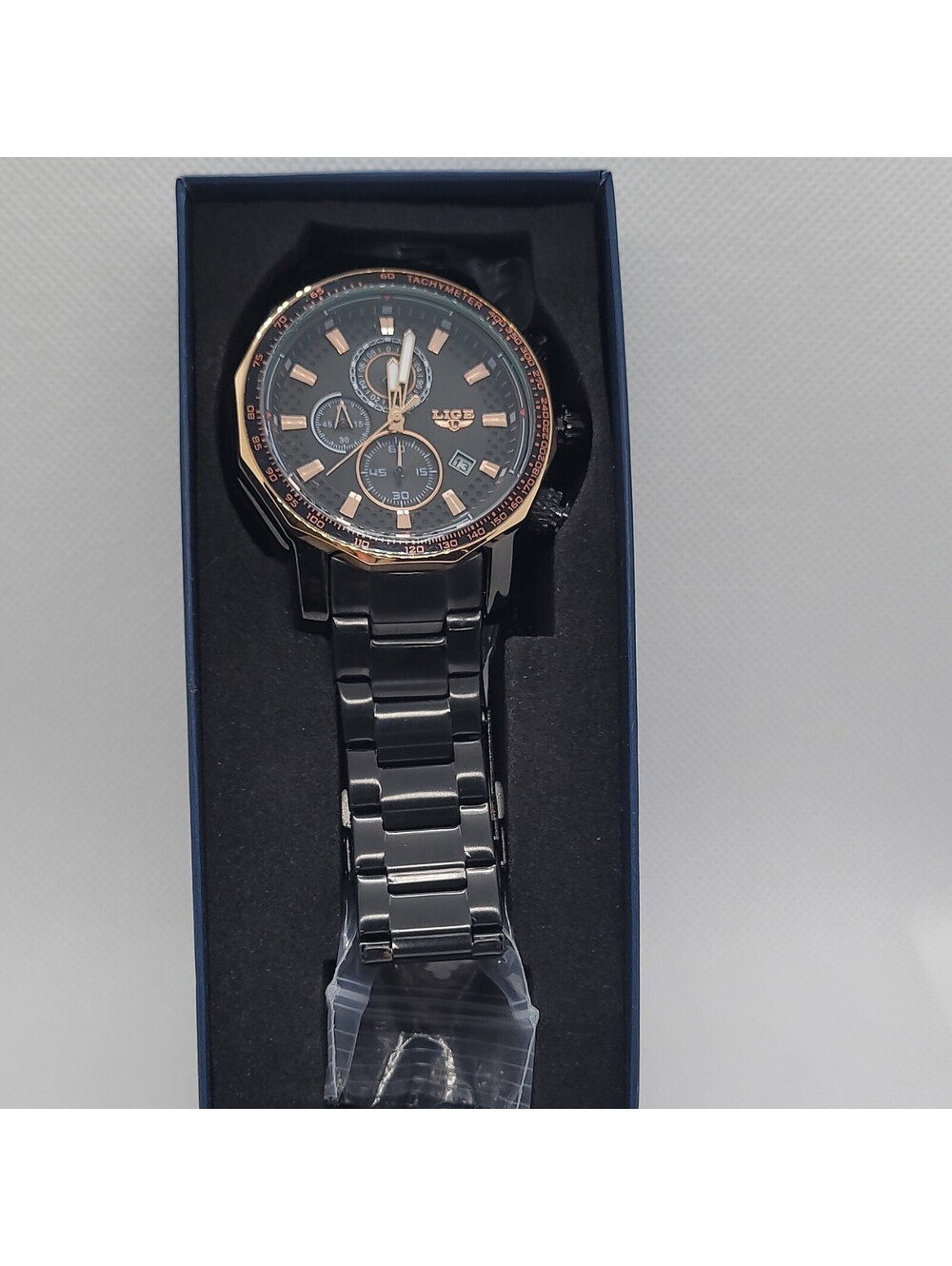 27 Lige Men's Chronograph Black Dial Black Metal Bracelet Watch in  Box